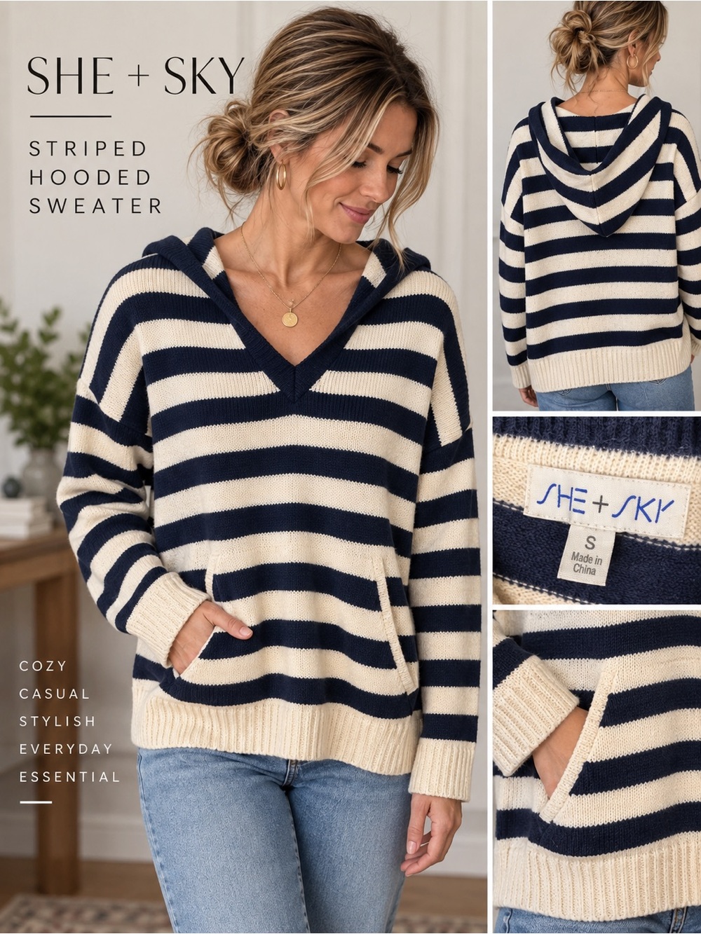 She + Sky Striped Hooded Sweater Small Cream Navy V-Neck Oversized